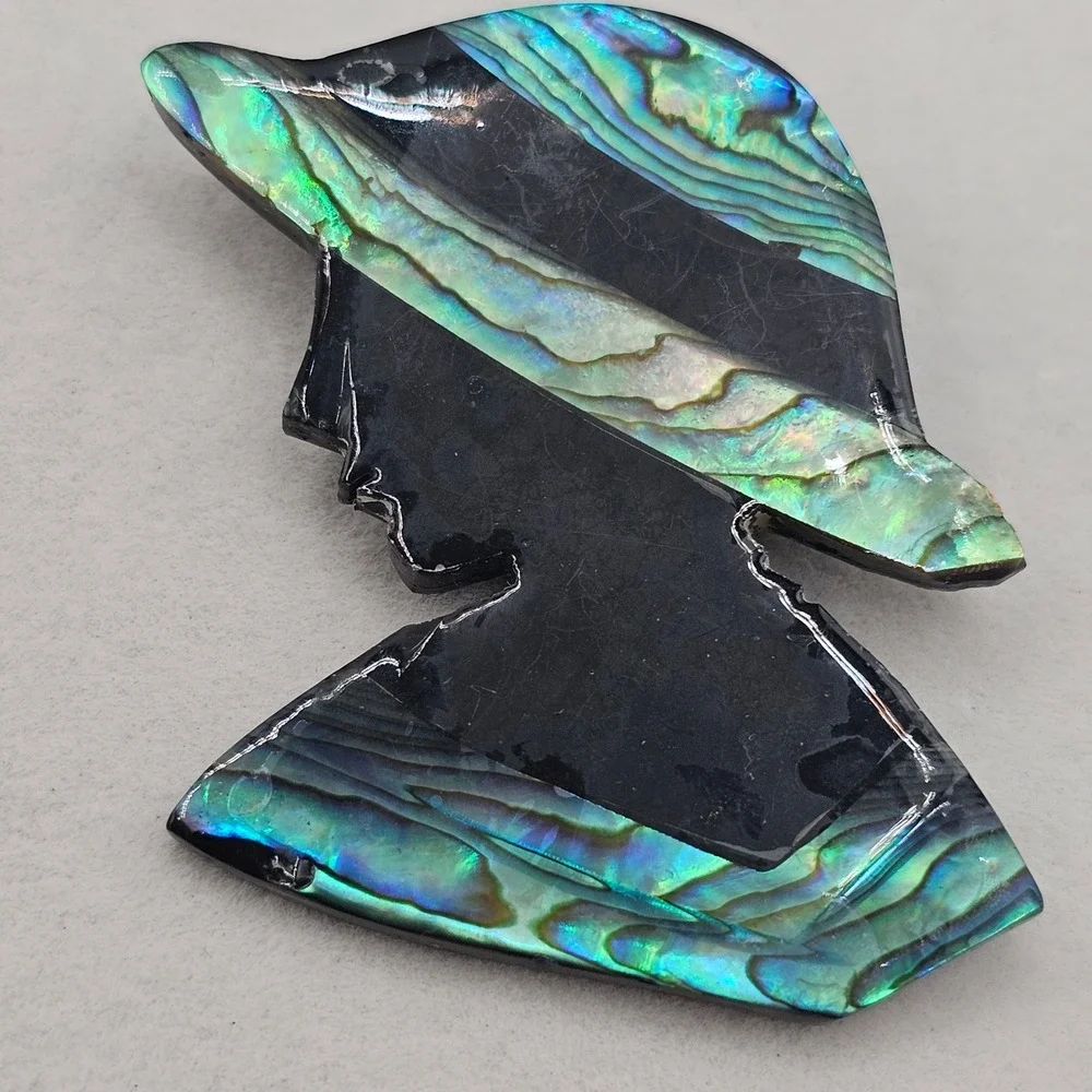 Vintage Abalone Shell Inlay Brooch Pin Set Lady in Hat Silhouette Mosaic Art